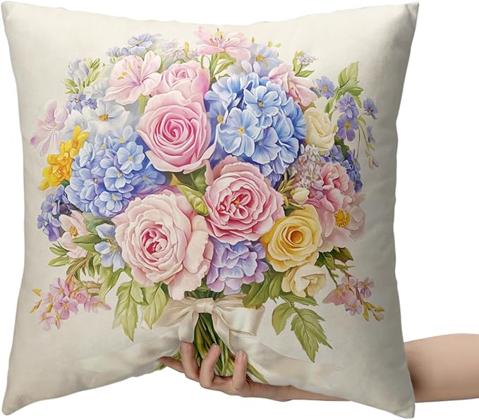 Spring Summer Floral Pillow Covers 22x22 Pink Rose Blue Hydrangea Throw Pillow Covers Exquisite Bouquet Pillow Case Flowers Cushion Case for Living Room Couch Sofa 2 Pack