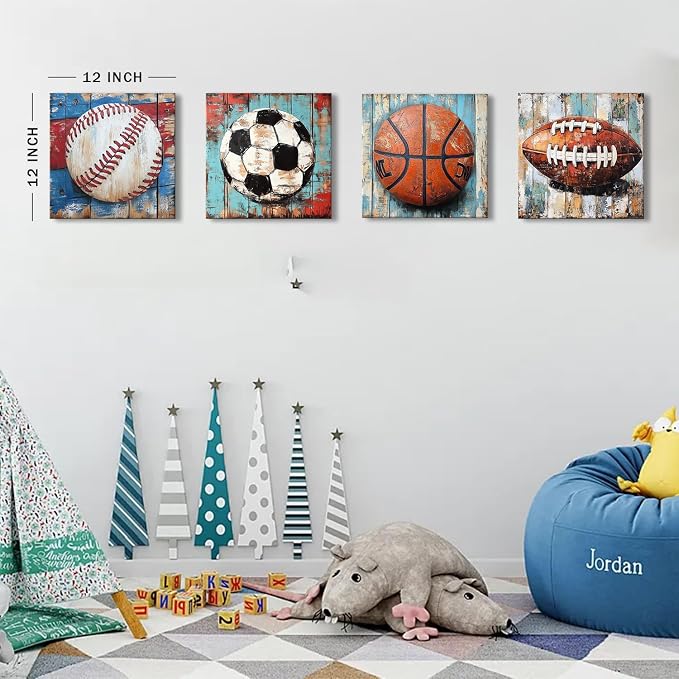 Sports Wall Decor Kids Playroom Art Soccer Basketball Football Baseball Pictures for Nursery Boys Bedroom Vintage Canvas Prints Colorful Sports Posters Balls Artwork Bathroom Home Decoration 12x12" 4P