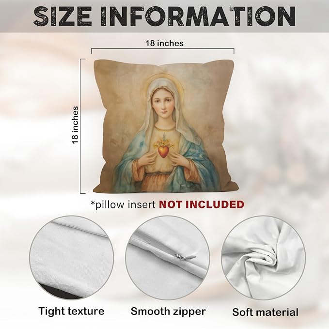 Christian Immaculate Heart of Mary Throw Pillow Covers Gifts 18x18, Vintage Religious Decor Pillow Cases for Bedroom Living Room, Catholic Virgin Mary Decorative Square Pillowcases for Couch