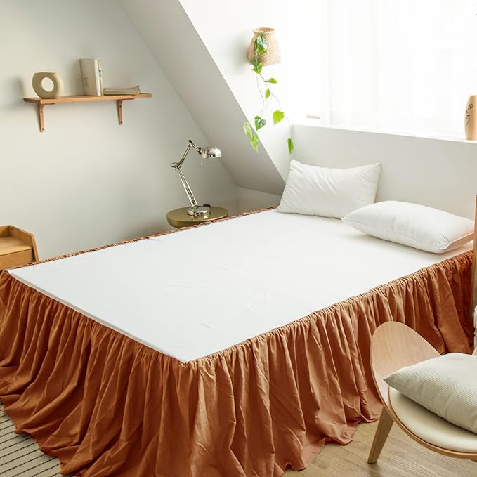 BISELINA French Linen Bed Skirt with Pleated Frills 22-Inch Tailored Drop Natural Flax Cotton Blend Dust Ruffle Soft Cozy Farmhouse Bedding (22" Full, Ruffle Rust)