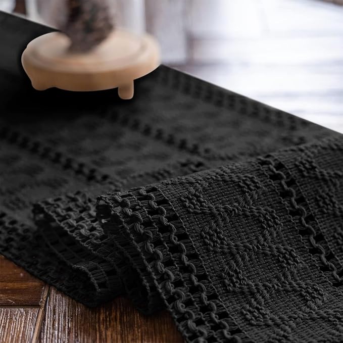 Macrame Table Runner Pure Black Boho Table Runners with Tassels 12x36in | Alynsehom Hand Woven Cotton Table Runner Rustic Farmhouse Table Runners for Bohemian Kitchen Dining Table
