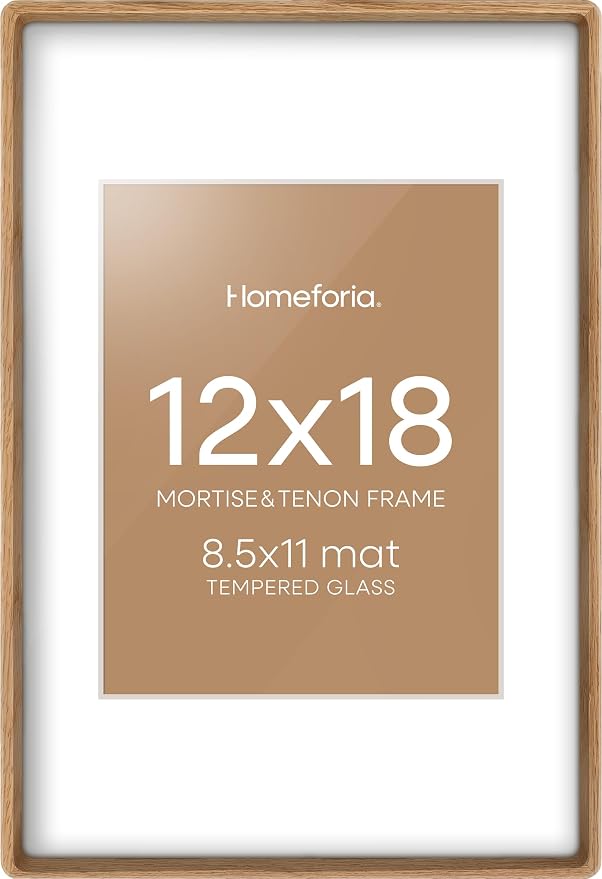 Homeforia 12x18 Mortise&Tenon Natural Oak Picture Frame, 8.5x11 Mat, Glass
