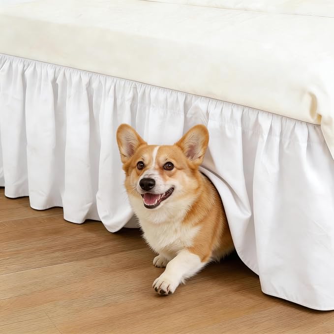 Warm White Bed Skirt Queen Size 25" Drop, Elastic Wrap Around Bedskirt | Solid Ruffled, Easy to Use, No Mattress Lifting, Wrinkle & Fade Resistant, with Adhesive Strips, Machine Wash/Dry/Iron