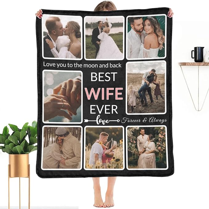 Gifts for Wife Custom Blanket with Photo, Make a Personalized to My Wife Blankets with Picture Customized Memories Souvenir Throws for Best Wife Ever, 8 Collage Made in USA