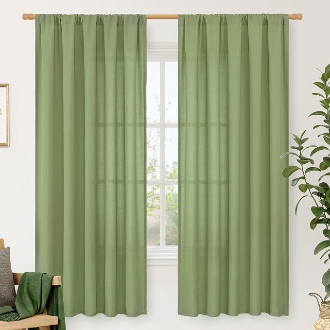 72 inch Length Green Semi Sheer Linen Curtains for Living Room | Light Filtering, Linen Textured, Boho, Spring Room Decor, Drapes for Farmhouse, Bedroom, Rod Pocket, 2 Panels, 52 x 72 Inch