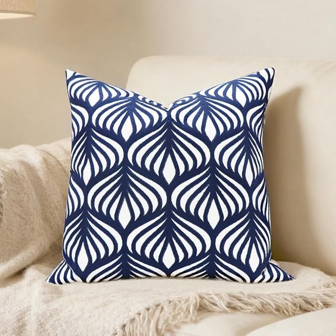 Slow Cow Embroidery Decorative Throw Pillow Cover Case for Couch Sofa Home Decor Modern Geometric Accent Pillow Cushion Cover 18 x 18 Inches Navy Blue