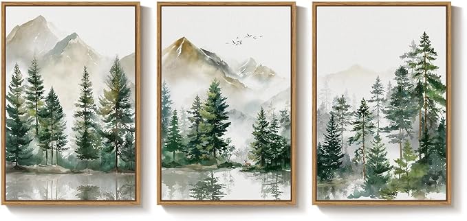 Framed Forest Mountain Wall Art for Living Room, 3 Piece Green Pine, 24x36 | Watercolor, Nature, Pine tree print, Foggy scenic, Landscape, Minimalist, Bedroom decor, Home office, Hallway, Canvas artwork