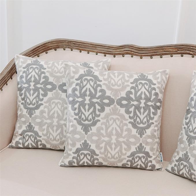 HWY 50 Gray Grey Decorative Throw Pillow Covers 18x18 Inch, Pack of 2 Embroidered Linen Farmhouse Cushion Cover Pillow Case for Sofa Couch Living Room Bed Bedroon, Accent Geometric