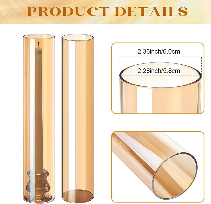 Teenyyou 12 Set Glass Hurricane Candle Holders Candlestick Bulk 12.6",Amber | 2.2" Taper Clear Candlestick Holders, Open Ended Glass Candleholder Tube Shape Bottomless, for Wedding Table Centerpiece