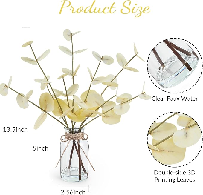 Bessol Artificial Eucalyptus Stems in Glass Vase with Faux Water, 14" Fake Plants for Home Decor, Coffee Table Centerpieces, Office, Bathroom & Farmhouse Weddings - Faux Plants Decorations