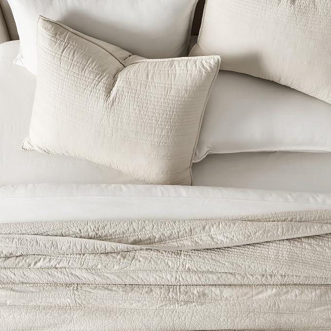 EVERGRACEHOME 100% Cotton Quilt Set Oversized Cal King, Birch | Pre-Washed Soft Cotton, Striped Coverlet Bedspread, 3 Piece Lightweight Bedding Set for All Season, with 2 Pillow Shams