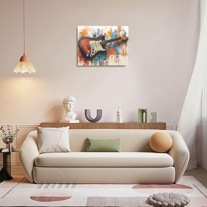 Guitar Wall Art Guitar Wall Decor Music Pictures Graffti Musical Instruments Canvas Prints Painting Artwork Splash Decoration for Music Room Bedroom Living Room Framed Gifts 16"x20"