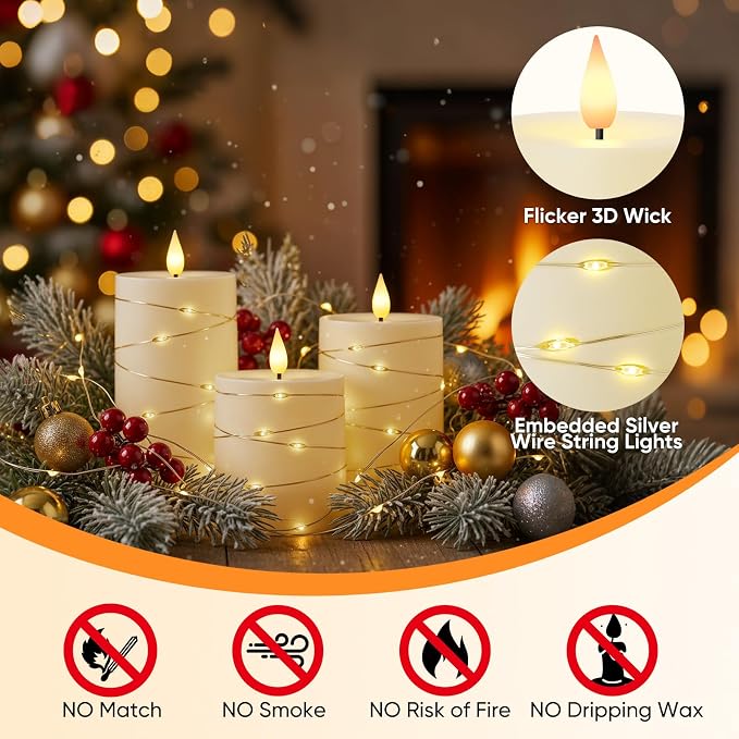 Raycare Ivory Flameless LED Pillar Candles Battery Operated Remote Timer