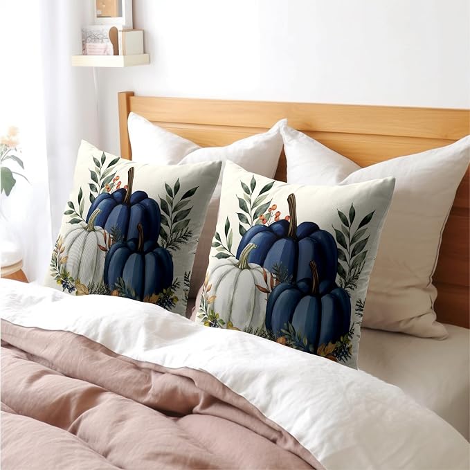 Pumpkins Throw Pillow Covers 22x22 inch 2 Packs Fall Blue and White Pumpkin Pillowcase Autumn Thanksgiving Vintage Outdoor Decorations Cotton Linen Cushion Cover for Home Bedroom Sofa Chair