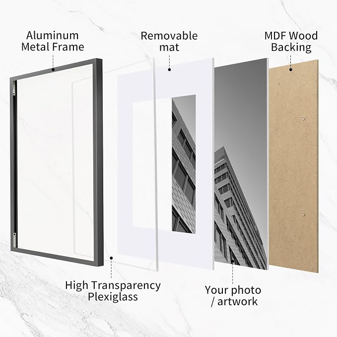 Fun Memories 8x8 Aluminum Picture Frame, Premium Square Photo Frames with Mat for 4x4 or Without Mat for 8 x 8, Simple and Elegant Decor for Wall Mounting, Grey, 1 Pack
