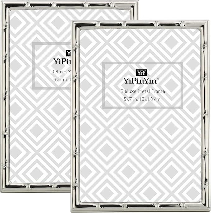 YiPinYin 5x7'' Bamboo Detail Designs Silver Metal Picture Frame 2pack,Elegant Silver Plated Baby Nurse Photo Frames 5x7'' With Soft Touch Velvet Backing for Desktop and Wall Décor