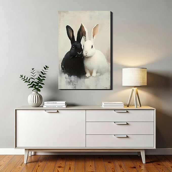 Black and White Easter Bunny Framed Canvas Art, Minimal Spring Easter Prints Pictures Wall Decor for Office, Rabbit Wall Art & Workspace Holiday Home Wall Decoration, 24x36 In