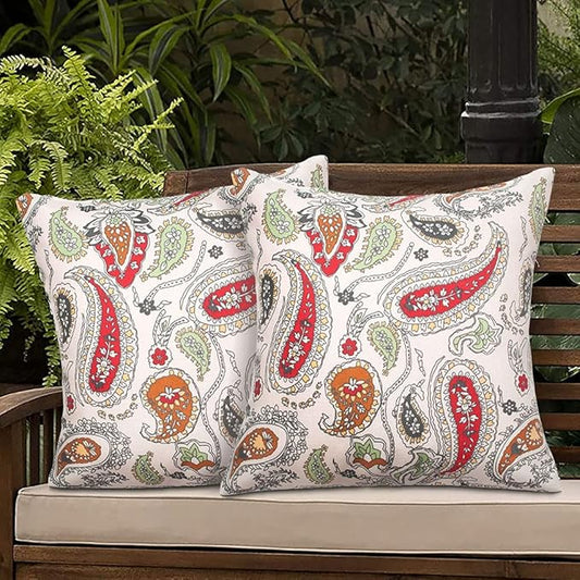 Magpie Fabrics Pack of 2 Outdoor Waterproof Throw Pillow Covers 18 x 18 Inch, Christmas Decorative Cushion Sham Pillowcase Shell for Garden Patio Tent Balcony Couch Sofa(Paisley Red Beige)