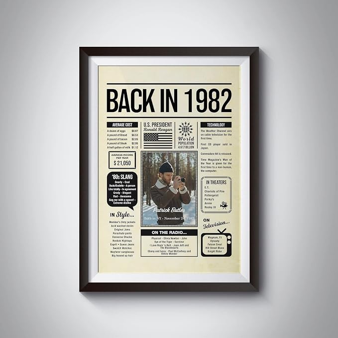 Personalized 43 year old birthday gifts - Back in 1982 Poster - Centerpiece Table Decorations 43rd Birthday Party - Custom Born in 1982 Newspaper Vintage Poster for Men, Women, Him, Her