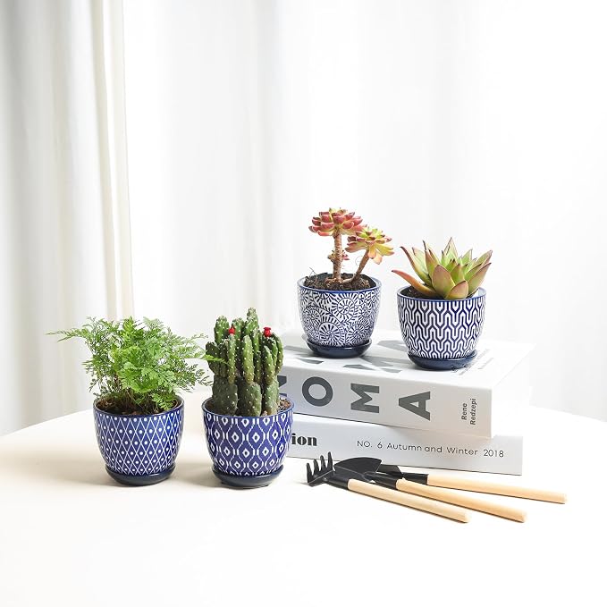 Selamica Ceramic Succulent Pots, 3.5 Inch Small Plant Pots for Indoor Plants Cactus Herbs, Succulent Planters with Drainage Holes & Saucers, Home Decor, Set of 6, Vintage Blue
