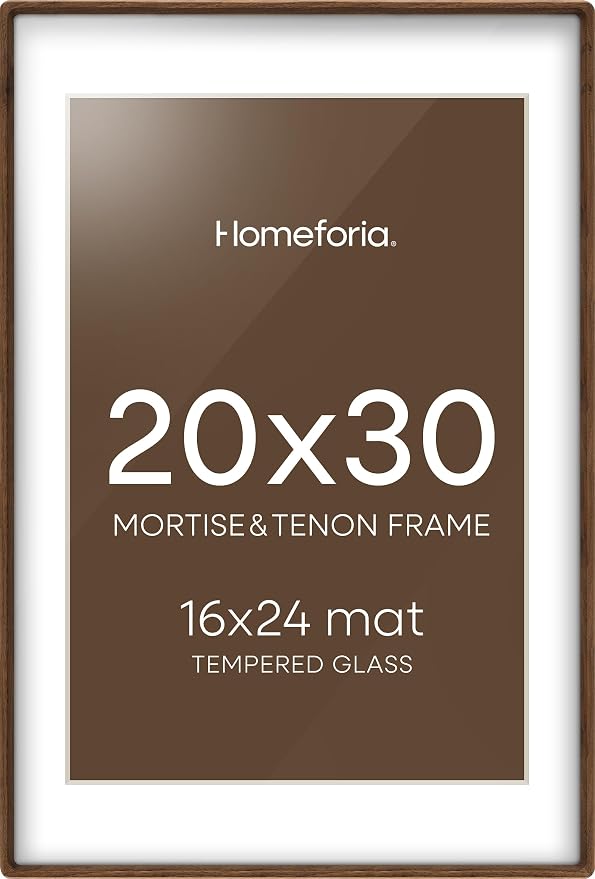 Homeforia 20x30 Mortise&Tenon Walnut Picture Frame, 16x24 Mat, Glass