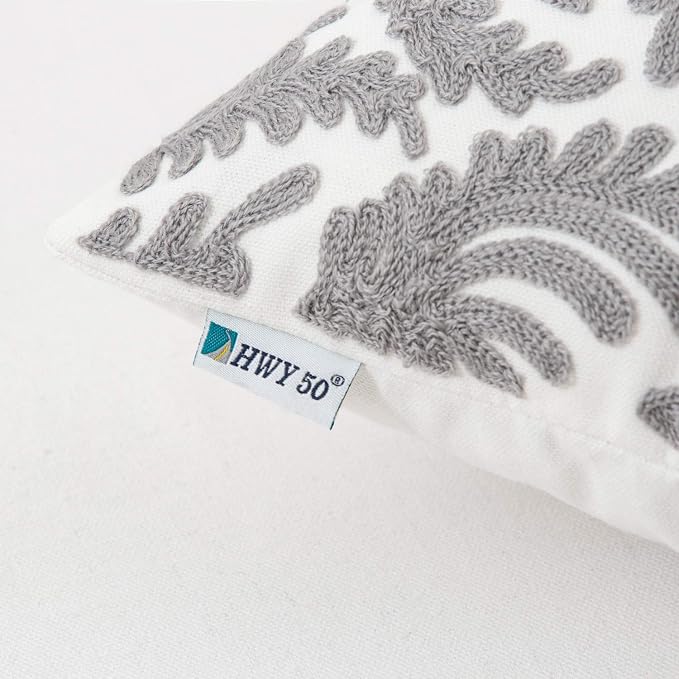 HWY 50 Grey Gray Decorative Throw Pillow Covers 18x18 Inch (1 Piece), Embroidered Cotton Farmhouse Cushion Cover Pillow Case for Sofa Couch Living Room Bed Bedroon, Floral Branches
