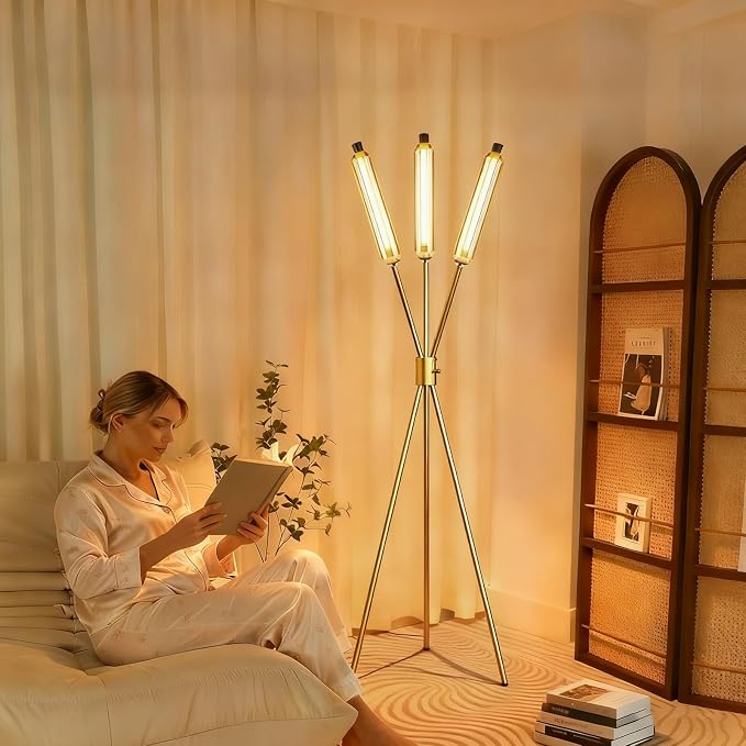 Lightdot LED Tripod Floor Lamps for Living Room, Stepless Dimmable Modern Standing Tall Lamp with 360° LED LampHead,Mid Century Industrial Floor Lamp for Bedroom/Sofa Beside/Corner Decor-Gold