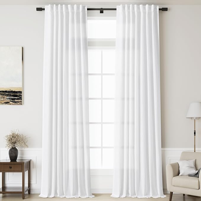 Linen White Curtains 135 inch Extra Long for Living Room Back Tab Light Filtering Semi Sheer Drapes Modern Farmhouse Coastal Decor Cotton Textured Curtain for Floor to Ceiling High Window 52x135