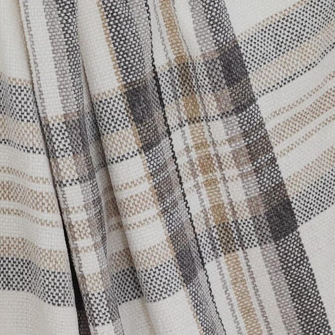 Taupe Grey and White Plaid Decor Tartan Blanket, Lightweight Soft Chenille Striped Knitted Rustic Farmhouse Throw with Tassels for Couch Sofa Chair Bed Office Home, 50" x 60"