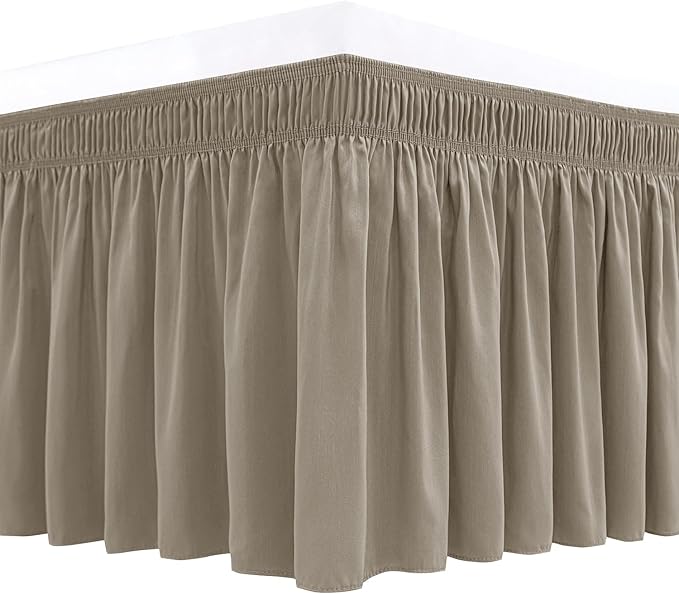 Wrap Around Bed Skirt King Size 18 Inch Drop-Elastic Dust Ruffle Taupe | Adjustable Pleated Bedskirt-Easy Fit Wrinkle Resistant Washable Hotel Quality Fabric Bed Skirting-Master Guest Bedroom Rental