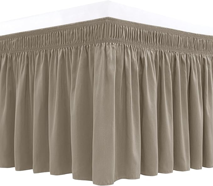 Wrap Around Queen Size Bed Skirt 15 Inch Drop-Elastic Dust Ruffle Taupe | Adjustable Pleated Bedskirt-Easy Fit Wrinkle Resistant Washable Hotel Quality Fabric Bed Skirting-Master Guest Bedroom Rental