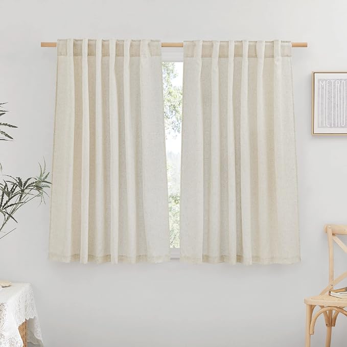 NICETOWN Natural Linen Blend Bathroom Curtains 45 inches Long, Rod Pocket & Back Tab Semi Sheer Light Filtering Thick Window Treatments Privacy Added for Bedroom, W55 x L45, 2 Panels