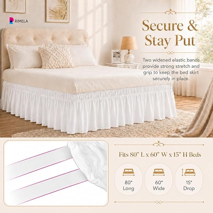 Warm White Bed Skirt Queen Size 15" Drop, Elastic Wrap Around Bedskirt | Solid Ruffled, Easy to Use, No Mattress Lifting, Wrinkle & Fade Resistant, with Adhesive Strips, Machine Wash/Dry/Iron