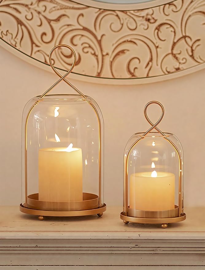NUPTIO Glass Lanterns Decorative Outdoor, Gold Hurricane Candle Holders | Set of 2 Hanging Lantern for Pillar Candles, Table Centerpiece for Home Thanksgiving Christmas Party