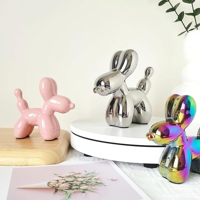 Ceramic Silver Balloon Dog Decor,Balloon Animal Statue(Medium)