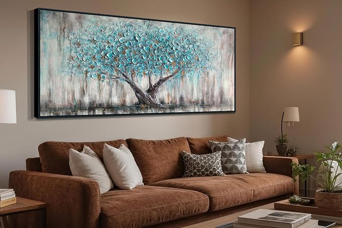 Arjun Framed Blue Tree Extra Large Tree of Life Canvas Wall Art 71"L x 32"W | Bedroom Hand Painted Textured Painting Living Room Nature Picture Oversize Panoramic Landscape Artwork Home Office Wall Decor