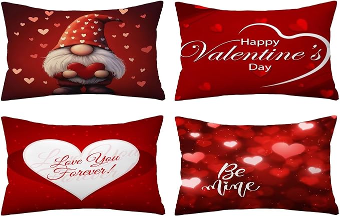 YeeJu Happy Valentines Day Pillow Covers 12x20 Set of 4 Red Love Heart Gnome Pillow Cases Velvet Wedding Anniversary Love You Cushion Covers for Outdoor Couch Sofa Decoration(12X20)