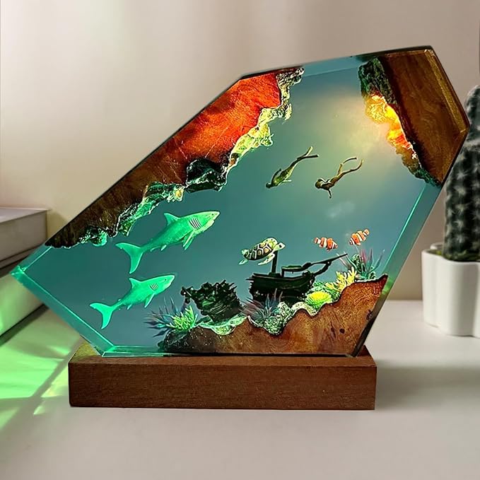 Handcrafted Shark Resin Ocean Lamp with Wooden Base