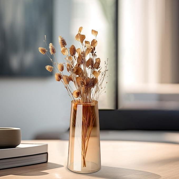 Amber Glass Vase for Flowers-6 Inch Clear Glass Flower Vases for Centerpiece，Ins Modern Boho Style Vase for Wedding Housewarming Gift(Amber, Small)