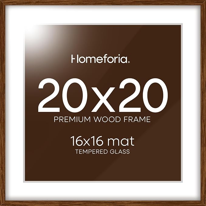 Homeforia 20x20 Brown Oak Picture Frame, High-End Wood, 16x16 Mat, Glass