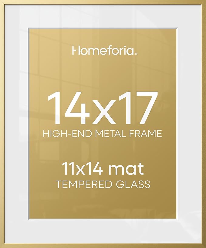 Homeforia 14x17 Gold Picture Frame, High-End Metal, 11x14 Mat, Glass