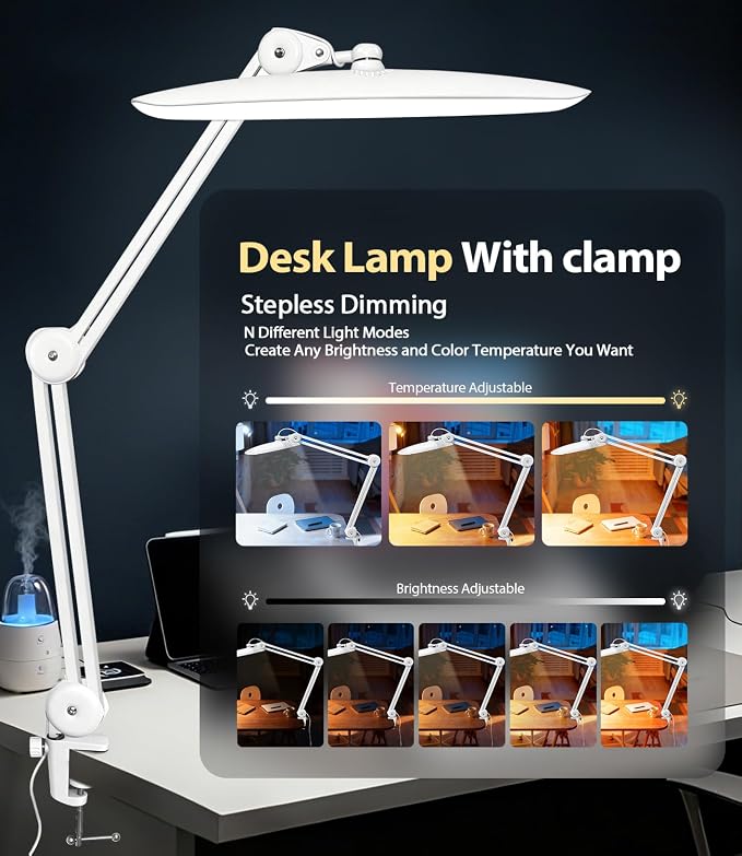 Led Desk Lamp with Clamp, Eye Caring Architect Desk Light for Home Office, Dual Screen Computer Monitor Gooseneck Adjustable Arm 20" LED Lamp, Stepless Dimming, for Nails &Salon, Reading, Workbench