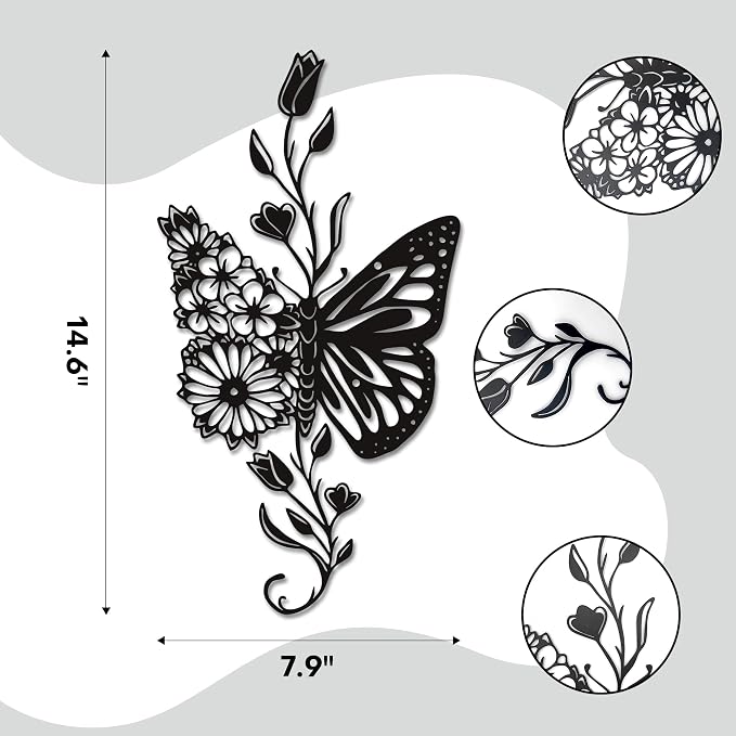 Rajukit Butterfly Flower Metal Wall Art Black for Living Room | Modernist bohemian style hanging ornament versatile for bathroom bedroom living room black finish butterfly flower design