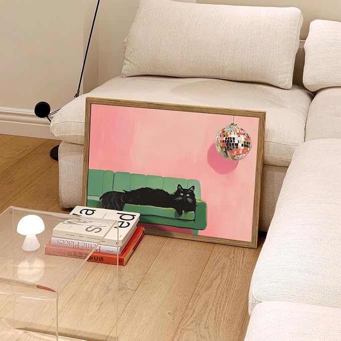 Funny Black Cat Wall Art, Cute Animal Wall Decor Painting, Eclectic Disco Ball Bar Cart Canvas Prints Artwork Pictures for Bedroom Living Room 12x16 inch Wood Framed