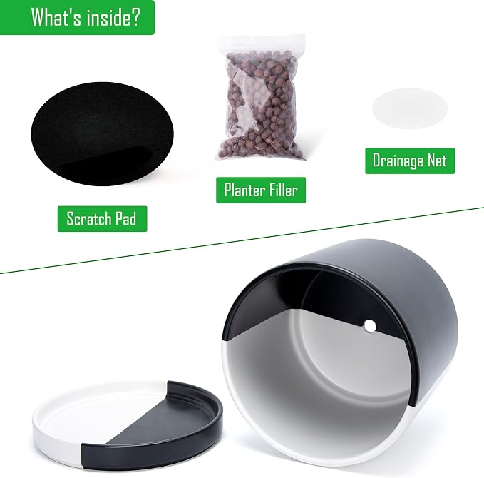 D'vine Dev 12 Inch Ceramic Planter Pot, Black White Split, 94-O-F-0 | Modern Cylinder Design, Drainage Hole & Saucer Included, Stable Structure, Elegant Home Accent