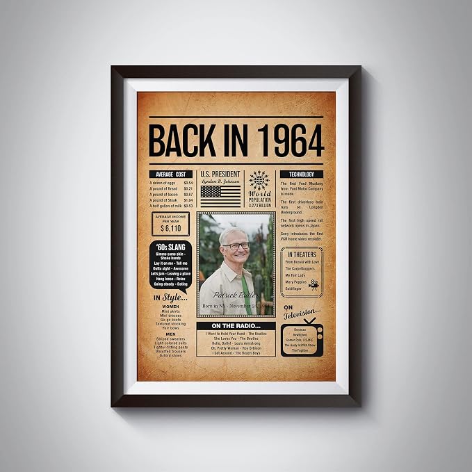 Back in 1964 Poster Sign, Personalized Birthday Gifts Idea, Custom 1964 Historical Birthday Newspaper, Born in 1964 Birthday Party Decorations, Fun Fact for the Day You Were Born, Decor Art Print