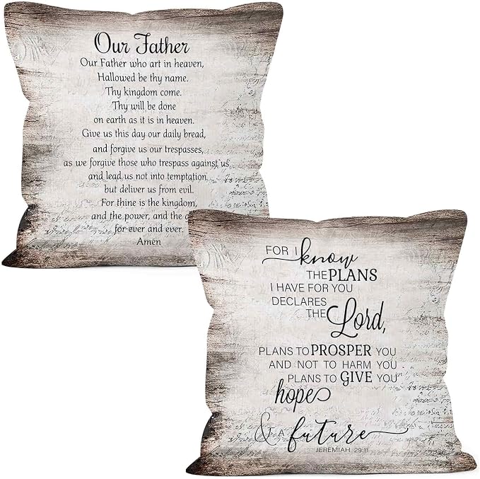 Christian Scripture Lord Our Father Prayer Throw Pillow Covers 18x18 Set of 2, Bible Verse Jeremiah Decor Pillow Cases for Bedroom Living Room, Religious Square Pillowcases for Couch Bed Sofa