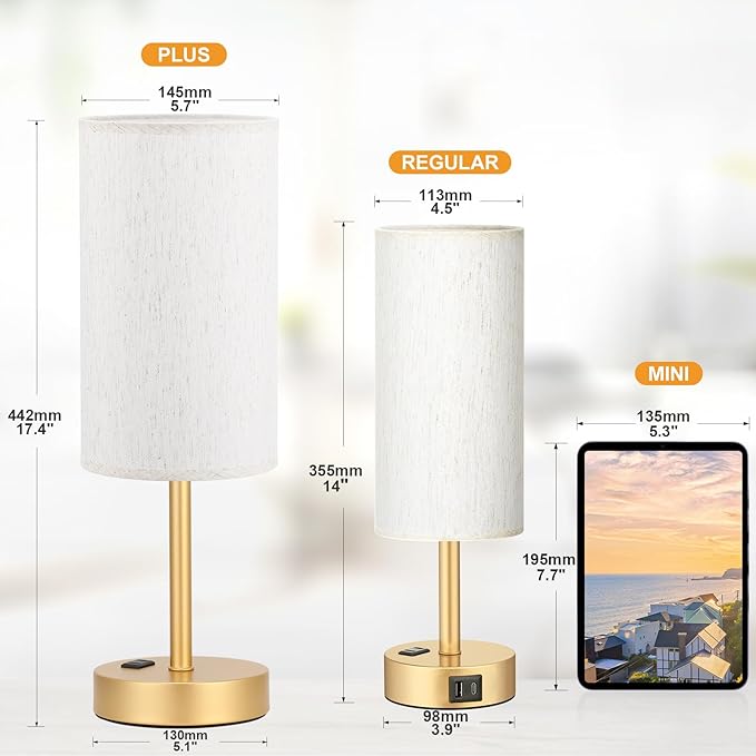 Fenmzee 17.4" Gold Lamp for Bedroom - Dimmable Touch, USB A+C, AC Outlet