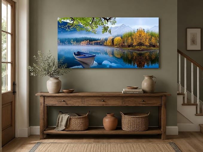 Arjun Lake Canvas Wall Art Landscape Blue Boat Painting Framed Large 40x20 | Wall Art for Living Room Picture Bedroom Nature Mountain Artwork Modern Nature Scenery Home Office Dining Room Wall Decor