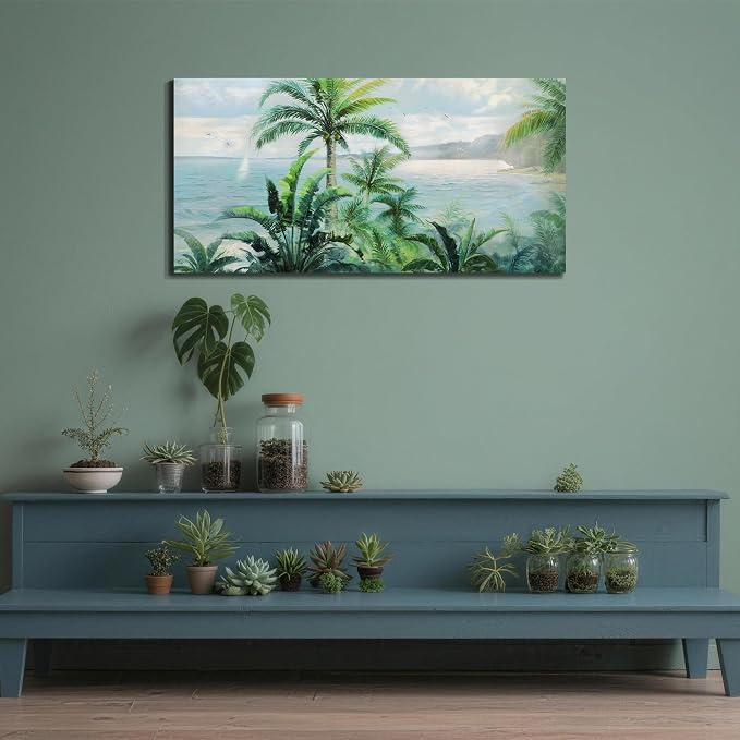 Anolyfi Palm Tree Green Tropical Canvas Wall Art for Living Room 48"x24" | Hand-painted Textured, HD Print, Waterproof Canvas, Easy to Hang, Durable and Colorfast, Suitable for Bedroom Home Decor